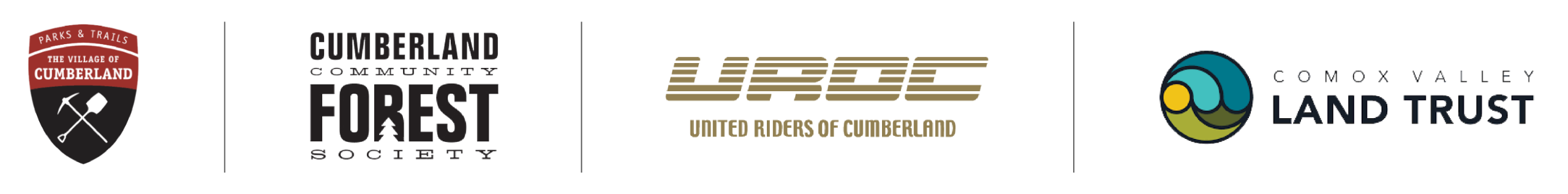 Village of Cumberland, Cumberland Community Forest Society, United Riders of Cumberland and Comox Valley Land Trust logos