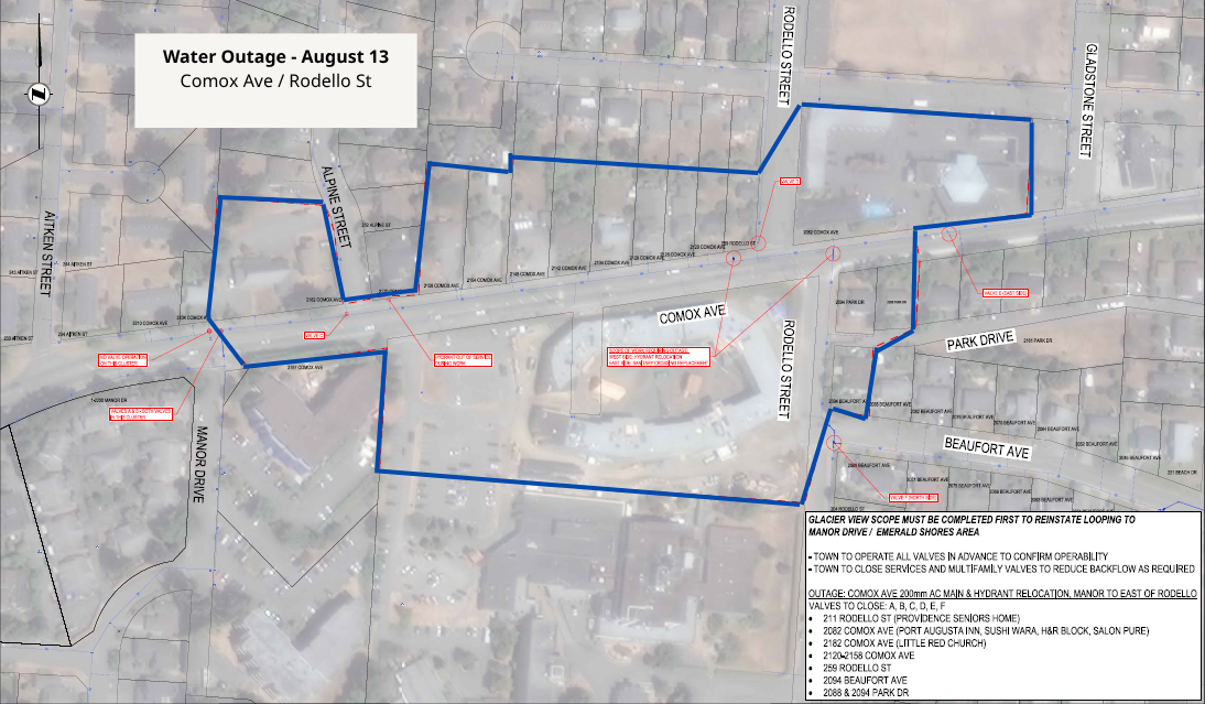 august 13 water outage map Comox Ave and Rodello St area