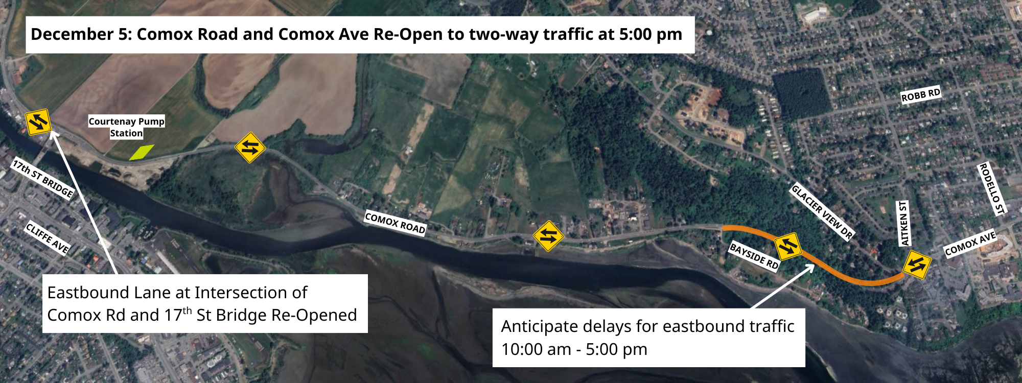 Map of Comox Rd and Comox Ave re-opening to two way traffic friday dec 5 at 5 pm