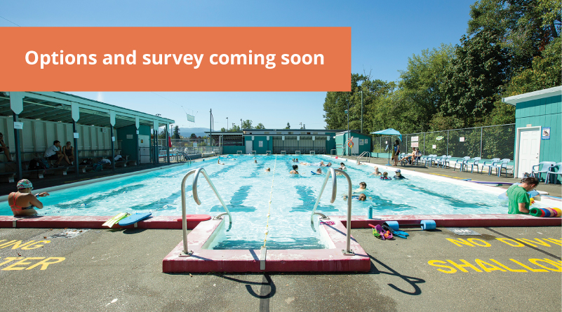 A picture of the Courtenay and District Memorial Outdoor Pool with an icon that says options and survey coming soon