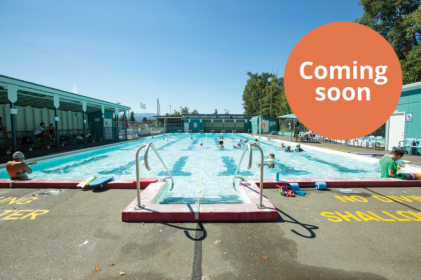 A picture of the Courtenay Outdoor Pool with an sticker icon that says coming soon